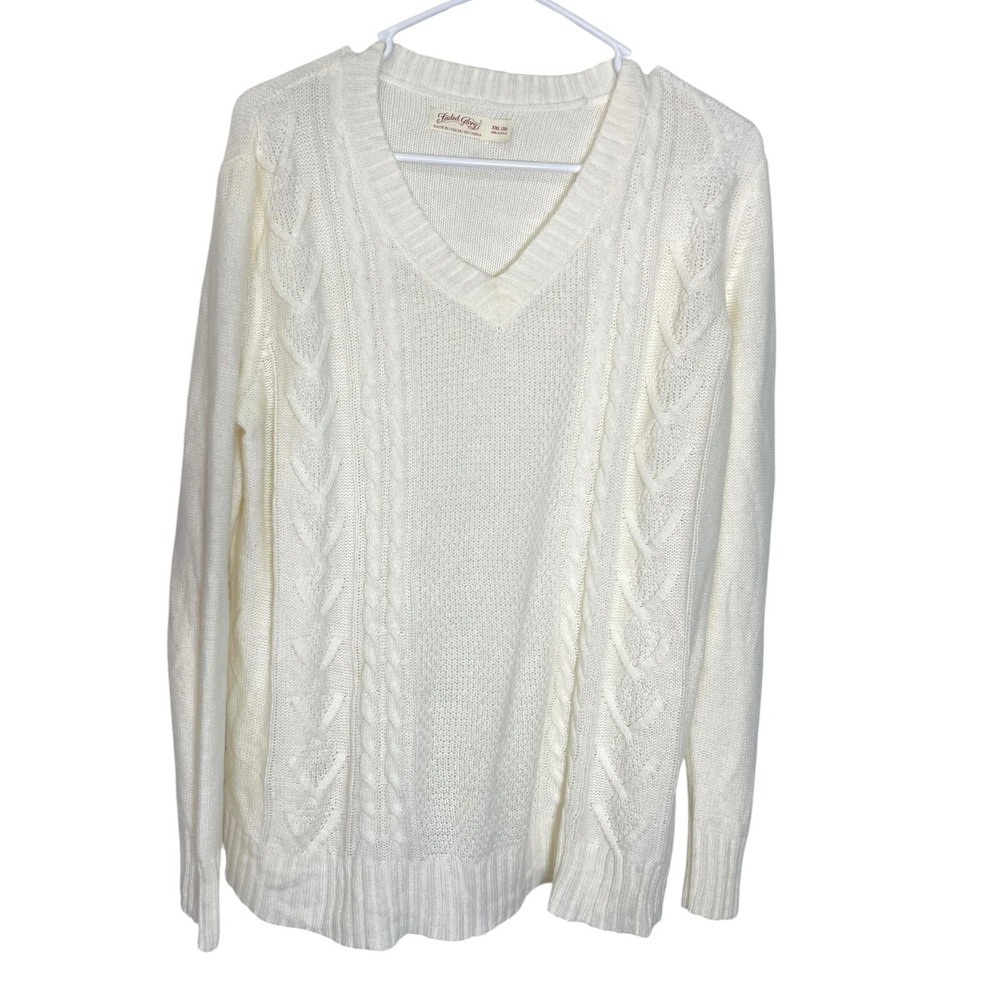 Faded Glory XXL (20) Cream V-Neck Cable Knit Sweater Preppy Coastal Grandma - Picture 2 of 9